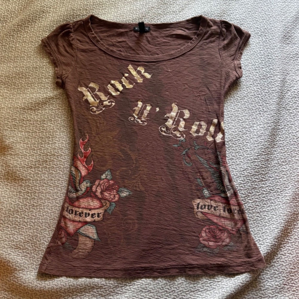 Fang Womens Brown Rock N Roll Graphic Tee Gold Glitter Tattoo Rose Cap Sleeve L